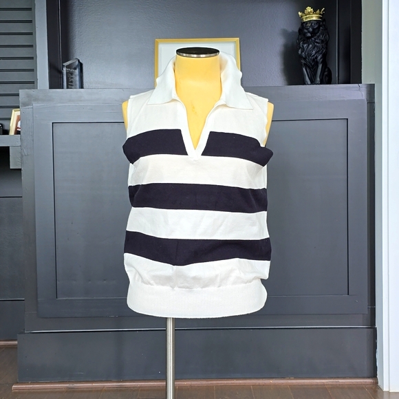 Vila Milano Tops - Striped Black and White Collared Sweater Vest Top